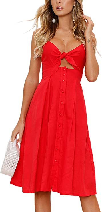 Photo 1 of ECOWISH Women Dresses Summer Tie Front V-Neck Spaghetti Strap Button Down A-Line Backless Swing Midi Dress