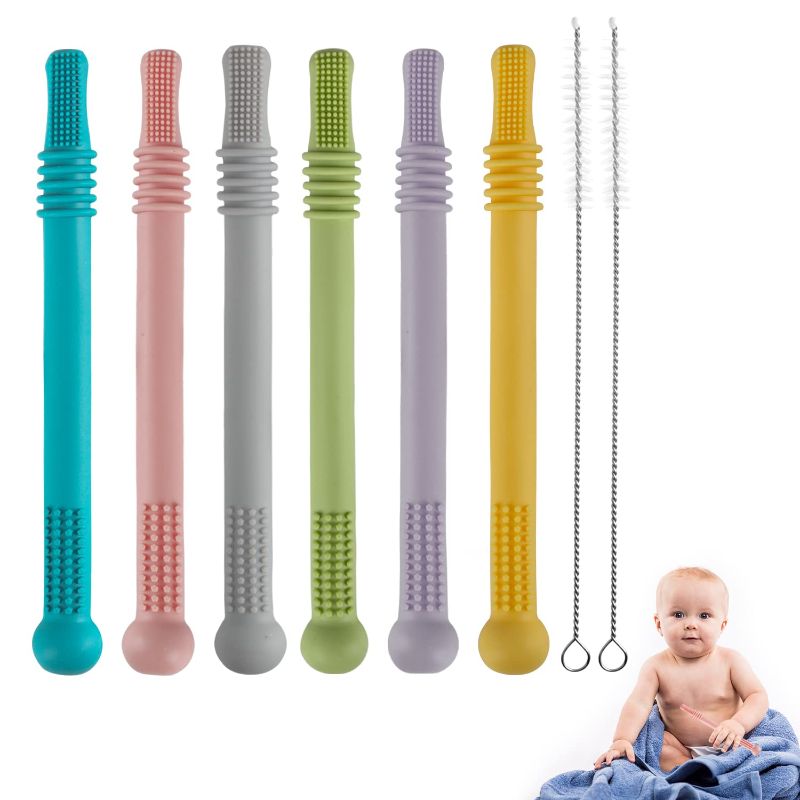 Photo 1 of Hollow Teether Tubes, 6 Pack Chew Straw Toy for Infant Toddlers Silicone Teething Toys for Babies, 0-6 Months 6-12 Months BPA Free/Freezable/Dishwasher and Refrigerator Safe