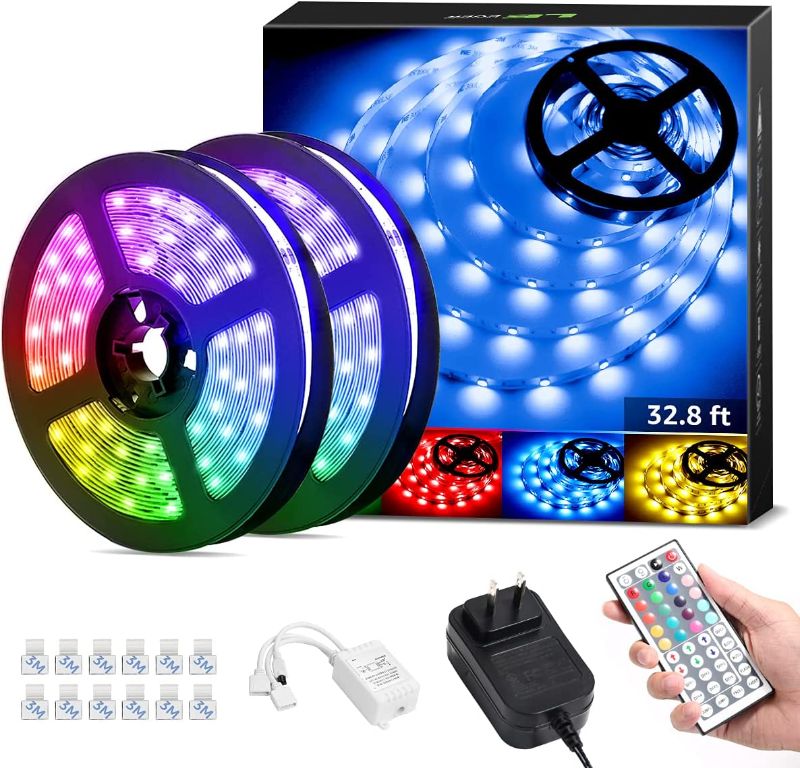 Photo 1 of 32.8ft LED Strip Lights, Ultra-Long RGB 5050 LED Strips with Remote Controller and Fixing Clips, Color Changing Tape Light with 12V ETL Listed Adapter for Bedroom, Room, Kitchen, Bar
