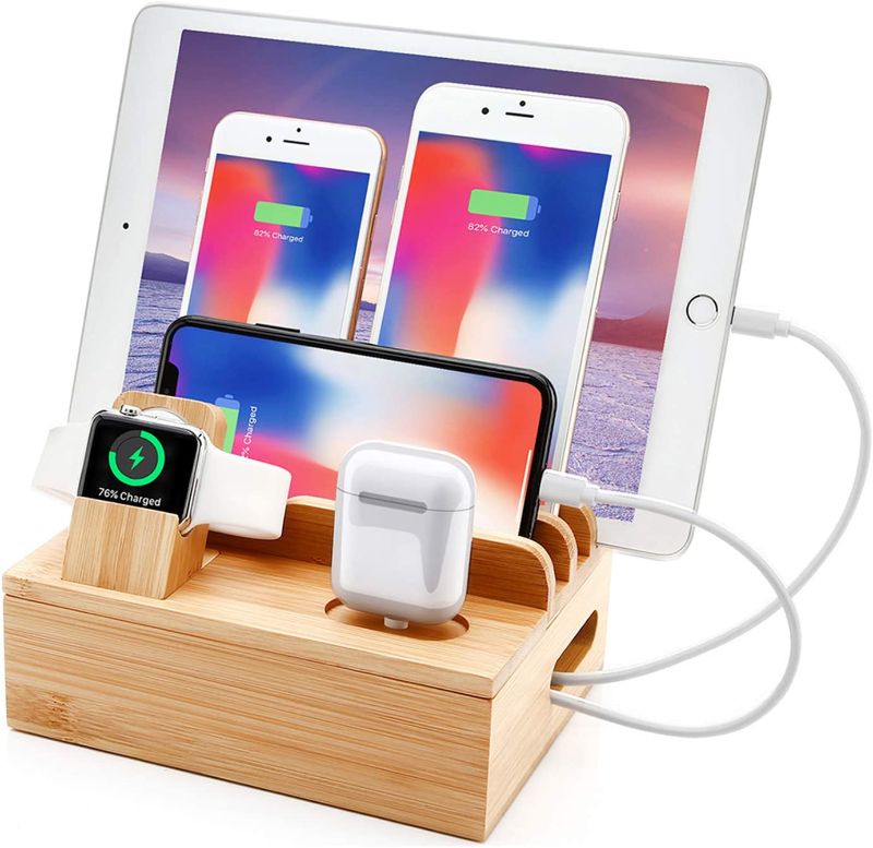 Photo 1 of Bamboo Charging Station for Multi Device with 5 USB A Charger Port Sendowtek 6 in 1 Charging Stand for Phone Tablet Smart Watch Holder Earbud Dock Charger Organizer with Power Supply(no watch charger)
