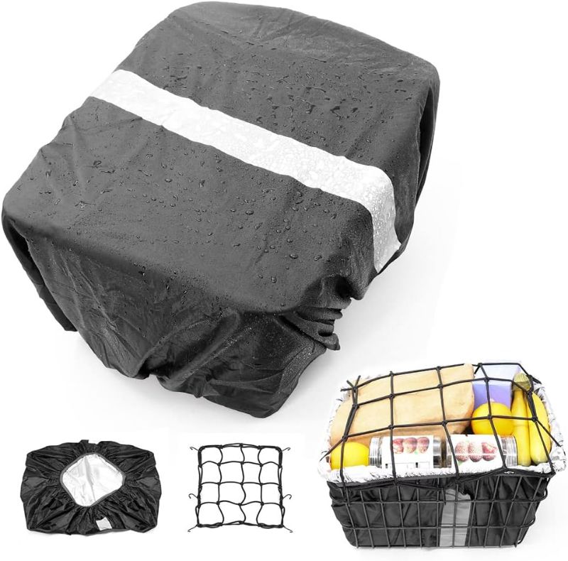 Photo 1 of ANZOME Bike Basket Liner & Cargo Net, Bicycle Basket Waterproof Rain Cover with Reflective Strip Bike Basket Accessories Fits Most Bike Baskets
