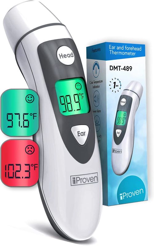 Photo 1 of iProven Thermometer for Adults Forehead and Ear - Fever Alarm, 1 Second Reading, Color Temperature Indicator, 20 Readings Memory Recall, Medical Thermometer for Adults Kids and Babies - DMT-489
