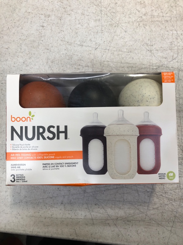 Photo 2 of Boon NURSH Reusable Silicone Baby Bottles with Collapsible Silicone Pouch Design — Everyday Baby Essentials — 3 Count — Stage 2 Medium Flow — 8 Oz — Speckle Stage 2 Medium Flow — 8 Oz Speckle