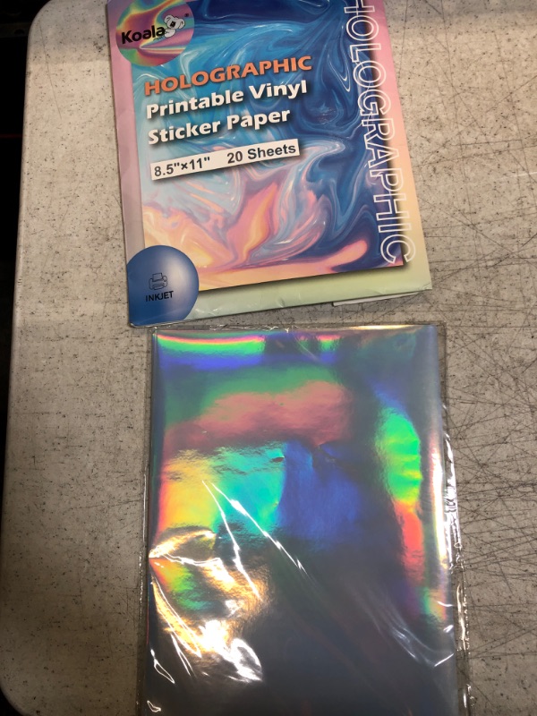 Photo 2 of Koala Holographic Sticker Paper for Inkjet Printer 20 Sheets 8.5x11 Inch Printable Vinyl Sticker Paper Rainbow Waterproof Sticker Paper, Dries Quickly, Vivid Color, Tear Resistant