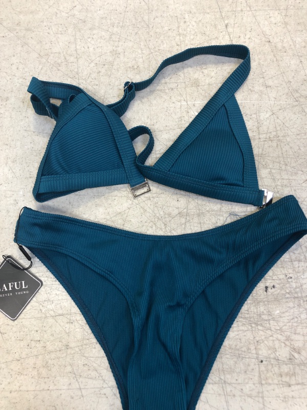 Photo 2 of ZAFUL Swimwear Women's Ribbed Front Closure Bikini Set Textured Triangle Adjustable Straps Bathing Suits (S, Peacock Blue)