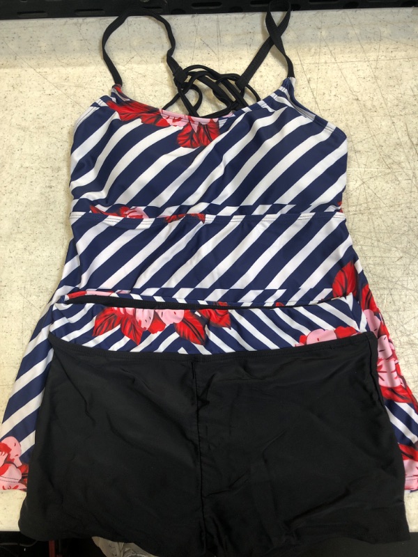 Photo 2 of Yonique Tankini Swimsuits for Women with Shorts Athletic Two Piece Bathing Suits Racerback Tank Tops Swimwear Navy Blue Striped Small