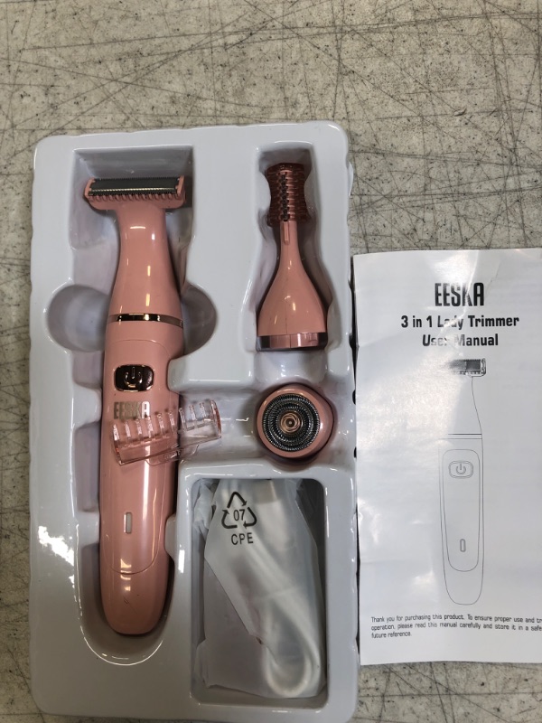 Photo 2 of Electric Bikini Trimmer and Shaver for Women,EESKA 3-in-1 Electric Lady Clipper Pubic Hair for Women,Painless Bikini Trimmer Rechargable,Portable Ladies Shaver with 3 Trimmer Heads, IPX7 Waterproof Pink