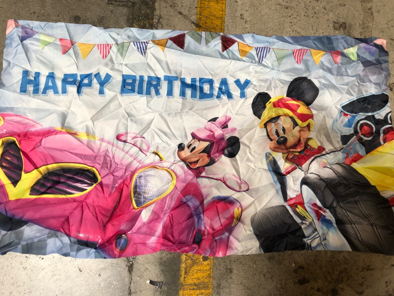 Photo 2 of Cartoon Race Backdrop for Mickey Birthday Party Supplies 5x3ft Pink Car Photo Background for Mickey The Roadster Racers Theme Party Caketable Decorations Baby Shower Banner