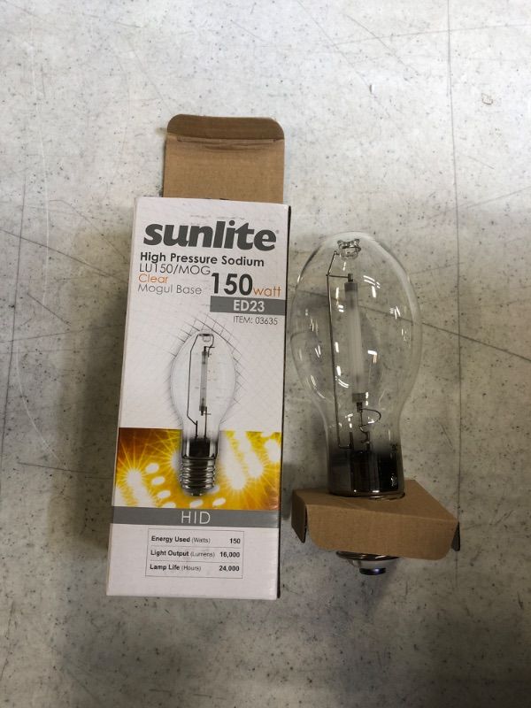 Photo 2 of Sunlite 03635-SU LU150/MOG 150 Watt High Pressure Sodium Light Bulb, Mogul Base (E39), ANSI Code S55, 16000 Lumen, 20000 Life Hours, Clear, 2100K 150 Watts