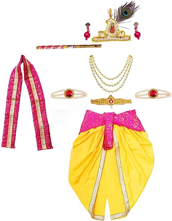 Photo 1 of ITSMYCOSTUME Krishna Dress for Baby Boy Kids Satin Dhoti Set With Accessories Little Kanha Ji Costume for Boys Kids SIZE 1-2 YEAR OLD 
