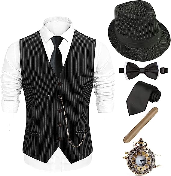 Photo 1 of 1920s Mens Costume Fedora Hat,Gatsby Gangster Vest,Vintage Pocket Watch,Pre Tied Bow Tie,Tie
