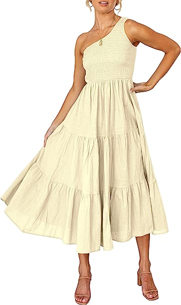 Photo 1 of  Women's 2023 Summer Bohemian One Shoulder Sleeveless Smocked Ruffle Tiered Beach Maxi Sun Dress SIZE S