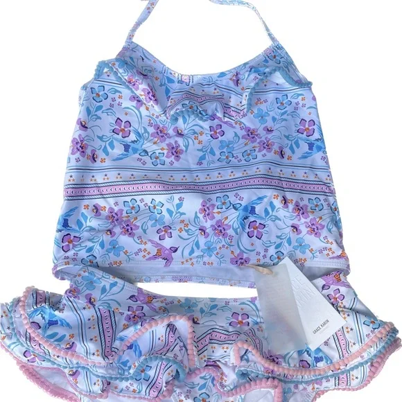 Photo 1 of Girls Grace Karin two piece swimsuit blue pink purple floral on white SIZE 6Y