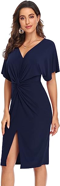 Photo 1 of Classic Twist Knot Front Split Dress Women's V Neck Short Sleeve Midi Dress SIZE XL