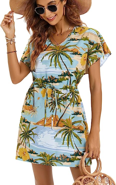 Photo 1 of Bluetime Women Casual Sexy Swim Cover up V-Neck Summer Beachwear Coverups Flowy Short Sleeve Mini Beach Dress SIZE L
