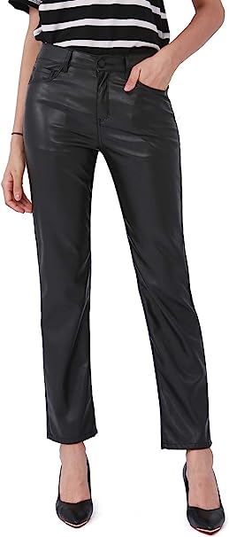 Photo 1 of Balleay Art Faux Leather Pants for Women, Straight Leg Mid Waist Butt Lift Elastic Black Pants with 5 Pockets SIZE M