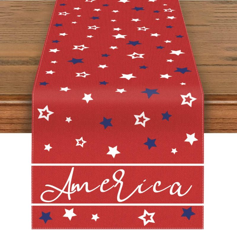 Photo 1 of 4th of July Independence Day Table Runner,Red Stars America Patriotic Memorial Day Table Runner Four of July Decorations for Holiday Party Kitchen Dining Indoor Outdoor Home Decor 13 x 72 Inch   -- 2 COUNT -- 
