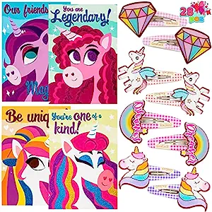 Photo 1 of JOYIN 28 Pack Valentines Day Gifts Cards with Unicorn Hairpin for Kids Girls Hair Clips Birthday Party Favor, Classroom Exchange Prizes, Valentine’s Greeting Cards, Valentine Exchange Gifts