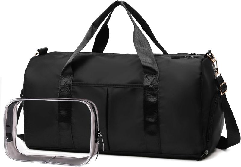 Photo 1 of  Small Gym Duffel Bag with Wet Pocket Shoes Compartment Travel Duffle Bag Carry On Bag Overnight Weekender Bag for Women (Black)
