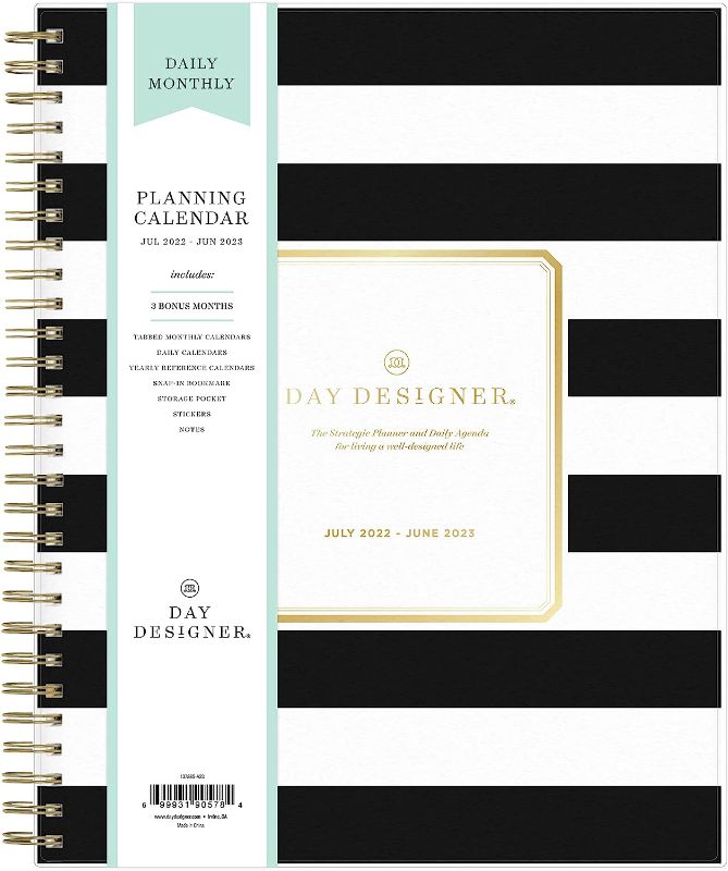 Photo 1 of Blue Sky Day Designer for 2022-2023 Academic Year Daily & Monthly Planner, 8' x 10', Frosted Cover, Wirebound, Rugby Stripe Black (137885-A23)
