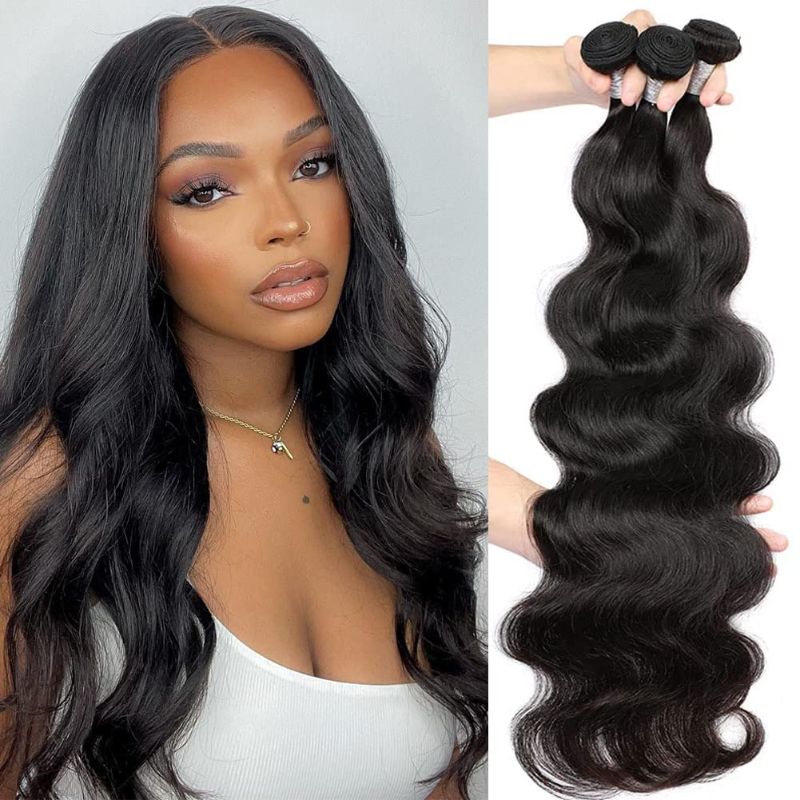 Photo 1 of Human Hair Body Wave 3 Bundles (10 12 14 inch) 100% Unprocessed Brazilian Virgin Hair Body Weave Bundles Human Hair Extensions for Black Women Natural Color
