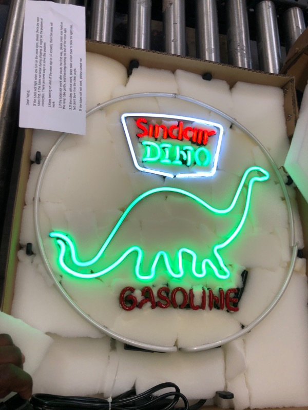 Photo 2 of RONG Neon FTY Sinclair Dino Gasonline Neon Signs Real Glass Advertising Neon Signs Man Cave Garage Gas Oil Station Display 19x15 green - circle/gasoline not working