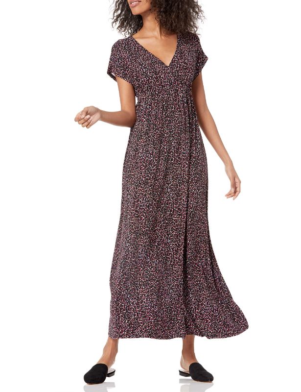 Photo 1 of AMAZON ESSENTIALS WOMEN'S WAISTED MAXI DRESS ( RAYON BLEND BLACK, CONFETTI X-SMALL
