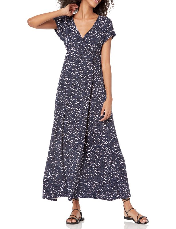 Photo 1 of AMAZON ESSENTIALS WOMEN'S WAISTED MAXI DRESS (AVAILABLE IN PLUS SIZE) RAYON BLEND NAVY/PINK, ABSTRACT X-SMALL
