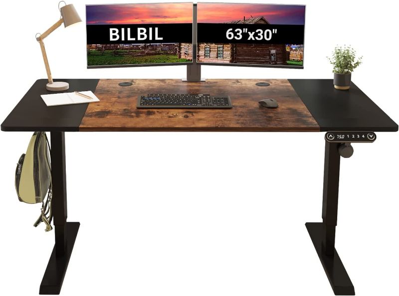 Photo 1 of bilbil 63 x 30 Inches Electric Standing Desk, Height Adjustable Sit Stand Table with Splice Board, Stand up Home Office Desk, Black Frame/Black and Rustic Brown Top
