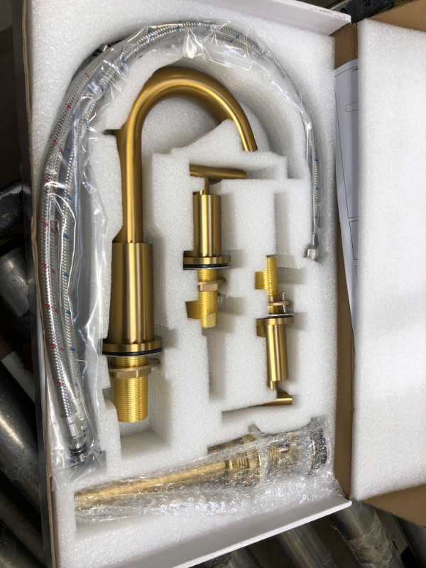 Photo 2 of TRUSTMI Bathroom Faucet 2 Handle 8 Inch Widespread Vanity Sink Faucet with Metal Overflow Drain and cUPC Water Supply Lines, Brushed Brass Gold Brass Brushed Gold