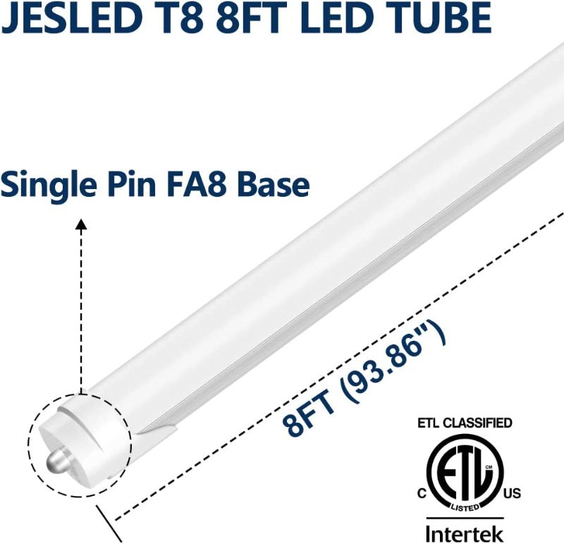 Photo 1 of ESLED T8 8FT LED Type B Tube Light Bulbs, 24W 5000K Daylight, 3000LM, 4 Foot T12 LED Replacement for Flourescent Tubes, Remove Ballast, Dual-end Powered,Frosted, Garage Warehouse Shop Lights