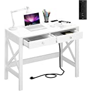 Photo 1 of ChooChoo Computer Desk with USB Charging Ports and Power Outlets, 39" White Desk with Drawers, Small Study Writing Table with Stable X Frame for Home Office
