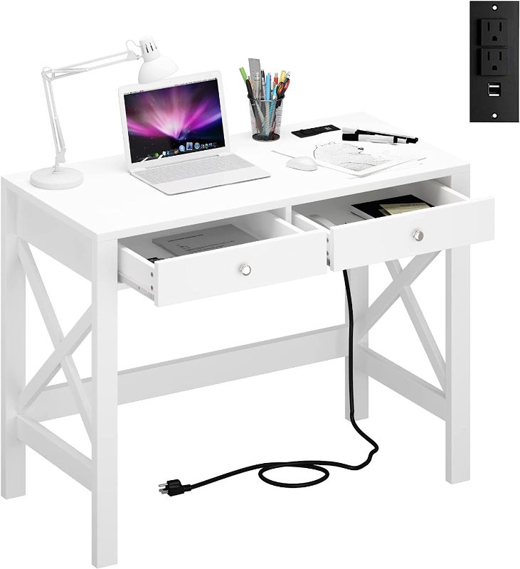 Photo 1 of ChooChoo Computer Desk with USB Charging Ports and Power Outlets, 39" White Desk with Drawers, Small Study Writing Table with Stable X Frame for Home Office
