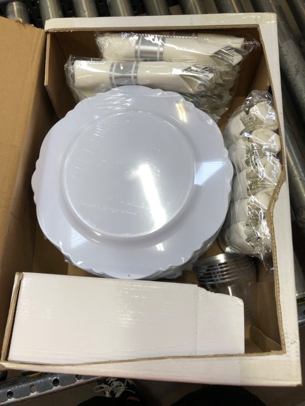 Photo 1 of 350 Piece Silver Dinnerware Set 50 Guest-100 Silver Lace Plastic Plates-50 Silver Plastic Silverware-50 Silver Plastic Cups-50 Linen Like Silver Paper Napkins,FOCUSLINE Disposable Dinnerware Set
