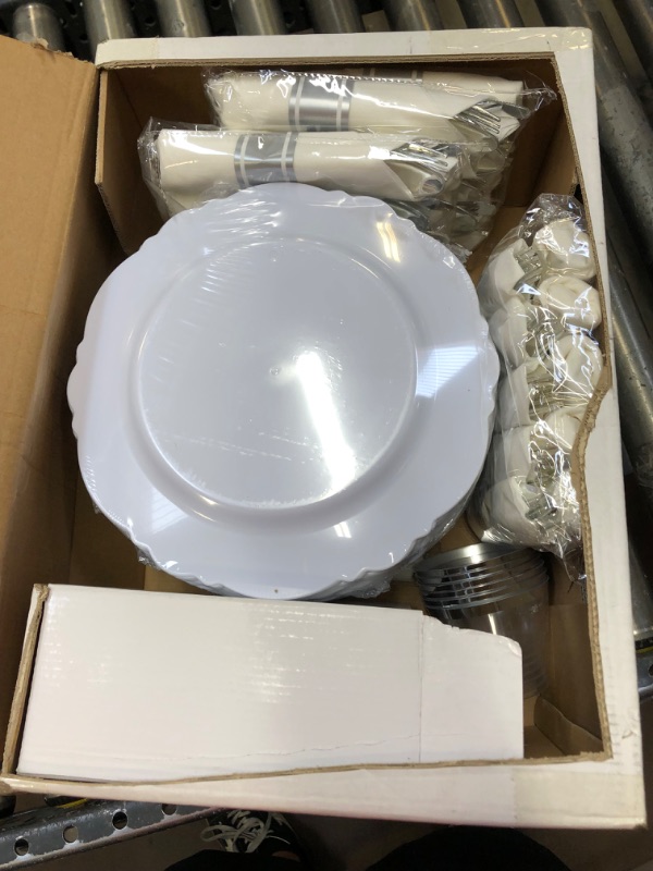 Photo 2 of 350 Piece Silver Dinnerware Set 50 Guest-100 Silver Lace Plastic Plates-50 Silver Plastic Silverware-50 Silver Plastic Cups-50 Linen Like Silver Paper Napkins,FOCUSLINE Disposable Dinnerware Set
