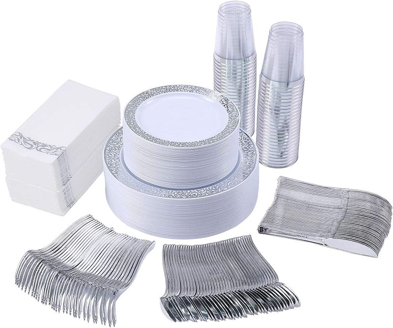 Photo 1 of 350 Piece Silver Dinnerware Set 50 Guest-100 Silver Lace Plastic Plates-50 Silver Plastic Silverware-50 Silver Plastic Cups-50 Linen Like Silver Paper Napkins,FOCUSLINE Disposable Dinnerware Set
