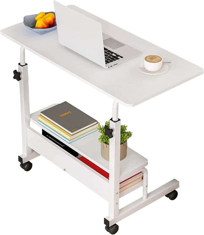 Photo 1 of Adjustable Table Student Computer Desk Portable Home Office Furniture Small Spaces Desk Sofa Bedroom Bedside Desk Learn Play Game Desk on Wheels Movable with Storage Desk Size 31.5 * 15.7 Inch,White

