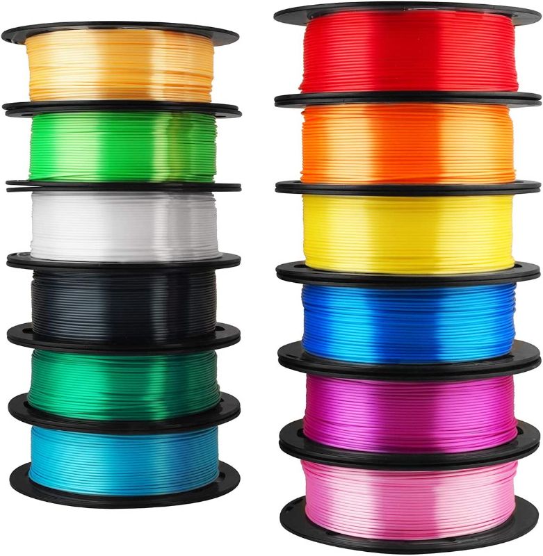 Photo 1 of MIKA3D 12 in 1 Bright Shine 3D Printer Silk PLA Filament Bundle, Most Popular Colors Pack, 1.75mm 500g per Spool, 12 Spools Pack, Total 6kgs Material with One Bottle of 3D Printer Stick

