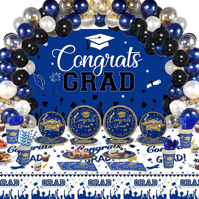 Photo 1 of 278 PCS Graduation Party Decorations - Class of 2023 Party Supplies Kit Congrats Balloons Grad Party Disposable Dinnerware Backdrop Tablecloth for High School College Grad Celebration - Serves 24 Blue
