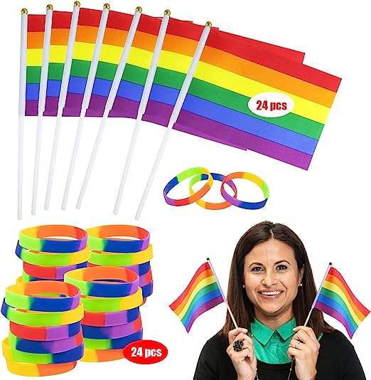 Photo 1 of  Handheld Pride Flags and 24Pcs Pride Bracelets, LGBTQ Mini Rainbow Pride Flags, Rainbow Wristbands 