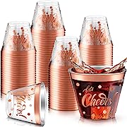 Photo 1 of 100 Pieces Cheers Plastic Cups 9 oz Clear Bachelorette Party Cups Clear Plastic Cocktail Tumbler with Gold Foil Plastic Cups for Wedding Bachelorette Party, New Years Eve, Birthday (Rose Gold Foil*****Factory Sealed