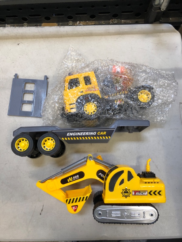 Photo 2 of Flatbed Truck w/Excavator Tractor - 1:12 Scale Large Size Toys - Push and Go Toy Trucks, Construction Trucks for Toddlers, Boys and Girls Kids Ages 3 4 5 Years Old, Friction Truck w/Lights & Sounds
