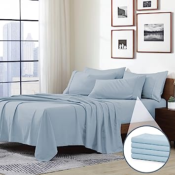 Photo 1 of  King size  6-Piece Microfiber Sheet Sets (Includes 2 Bonus Pillowcases), Ultra-Soft Brushed - Extremely Durable - Easy Fit - Wrinkle Resistant,  King size , Blue Fog