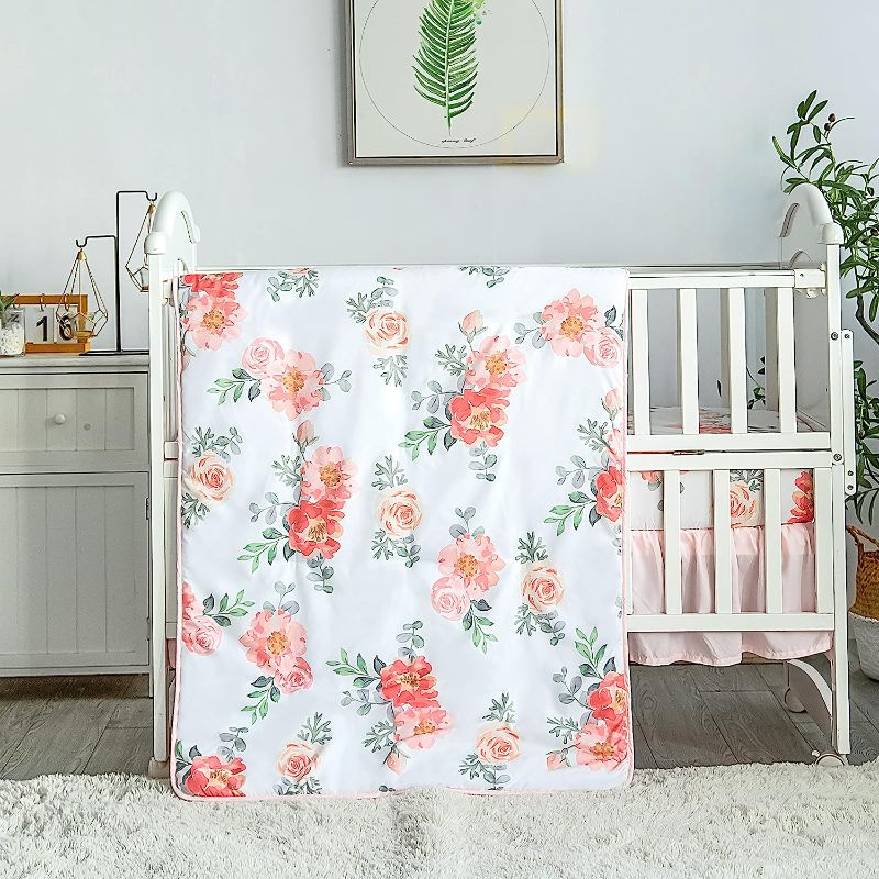 Photo 1 of La Premura Watercolor Floral Crib Bedding Set for Girls, 3 Piece Standard Size Baby Girl Bedding Crib Set, Cunas para Bebes, Pastel Pink
