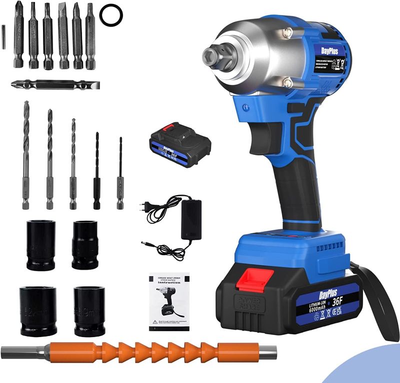 Photo 1 of Cordless Impact Wrench Brushless 1/2 Inch Power Impact Gun High Torque 310 Ft-lbs(420 Nm), 21V Battery Electric Impact Drill Driver with 6000mAh Battery, 4 Sockets, 12 Drill Accessories for Car Home
