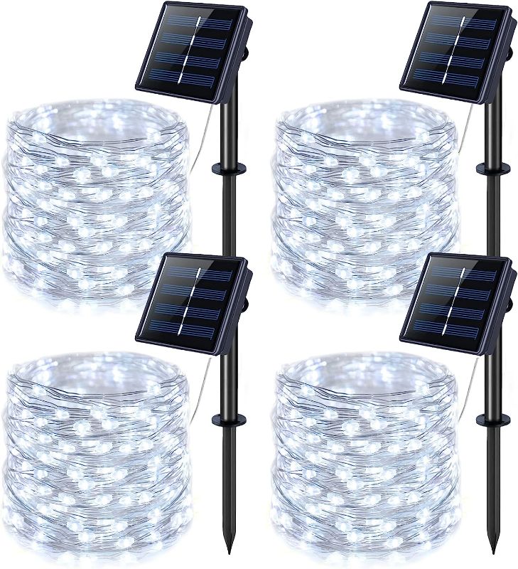 Photo 1 of 4 Pack 100 LED Solar Fairy Lights, 33ft White Solar String Lights Outdoor Waterproof, 8 Modes Copper Wire Solar Twinkle Lights for Garden Yard Tree Wedding
