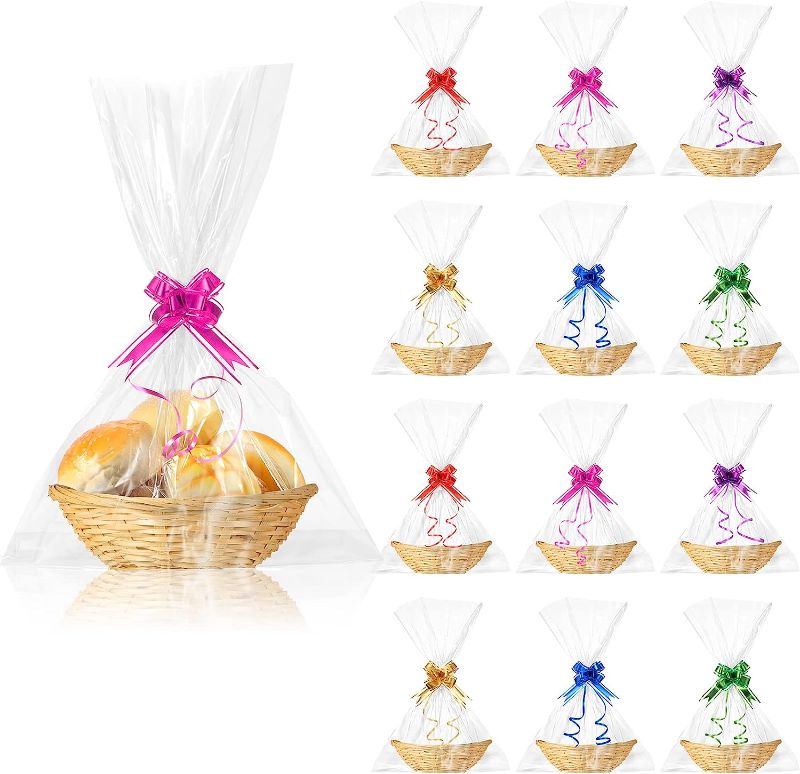 Photo 1 of 12 Pcs Empty Oval Bamboo Basket Food Storage Basket Fruit Basket Gift Baskets with 18 Pcs Colorful Pull Bow and 18 Pcs Clear Gift Bag for Fruit, Cookie, Bread, Kitchen, Restaurant, 9 x 7 x 3 Inches
