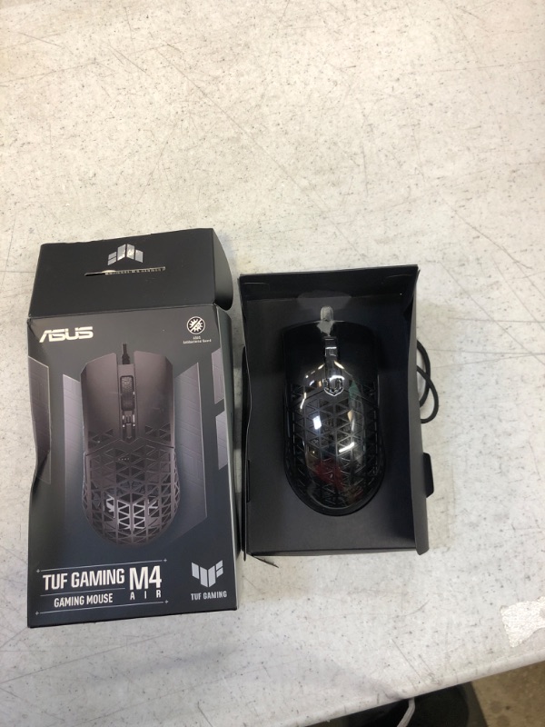 Photo 2 of ASUS TUF Gaming M4 Air Lightweight Gaming Mouse | 16,000 dpi Sensor, Programmable Buttons, 47g Ultralight Air Shell, IPX6 Water Resistance, TUF Gaming Paracord and Low Friction PTFE Feet, Black