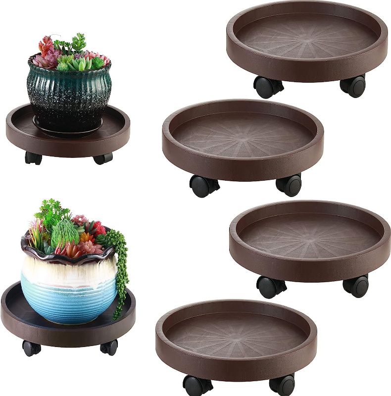 Photo 1 of 4 Packs Plant Caddy with Wheels 12" Plant Stand Potted Plant Mover Heavy Duty Plant Dolly with Casters for Indoor and Outdoor Large Plant Roller Base Rolling Plant Dolly, Brown
