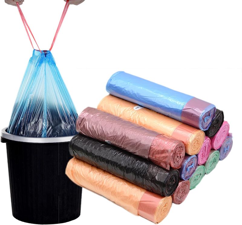 Photo 1 of 2 PACK Small Drawstring Trash Bags 4 Gallon Plastic Garbage Can Trash Can Liners 15 Liter for Bathroom Restroom Bedroom Office Toilet 17.7'' x 18.9'' (Mixed Color 195 Counts)